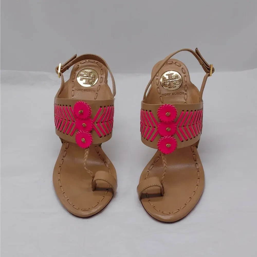 Tory Burch Womens High Heel Sandals Size 7.5 Tan Pink Leather Party Night Out